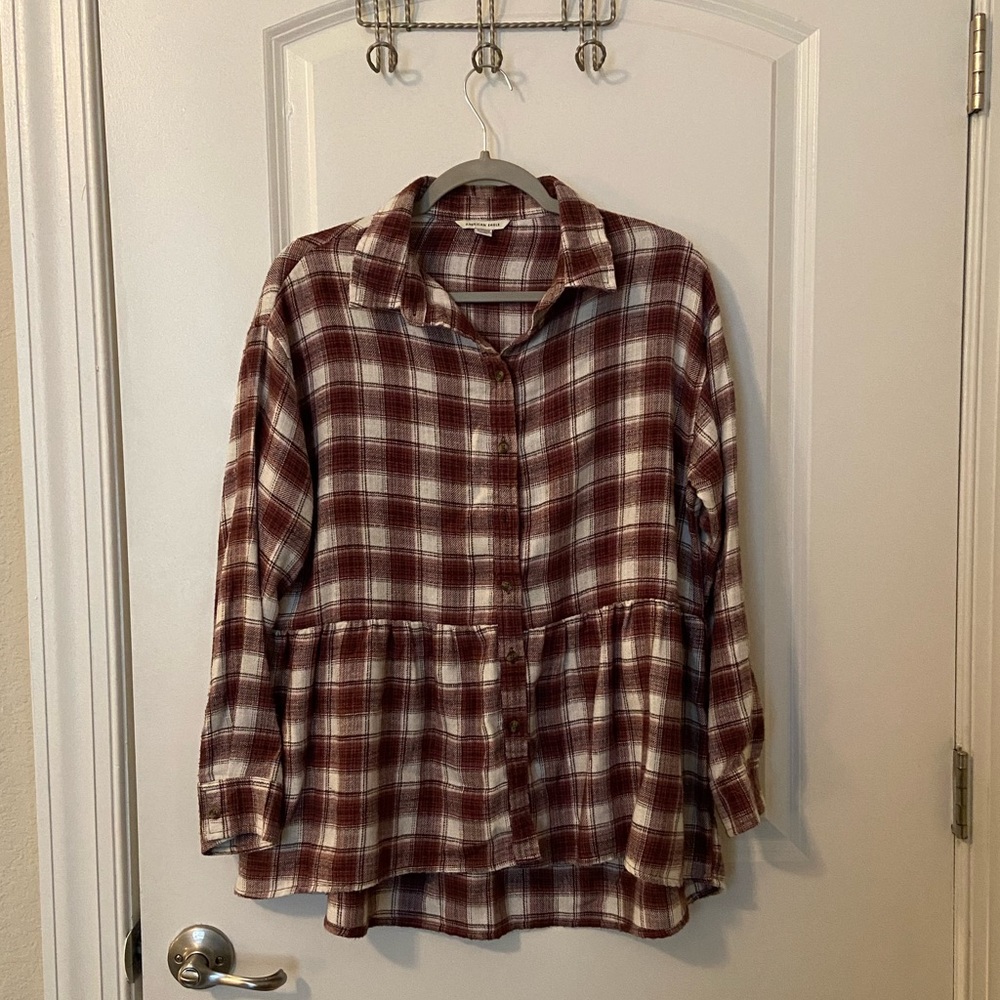 American Eagle Peplum Flannel, Burgundy/Cream
